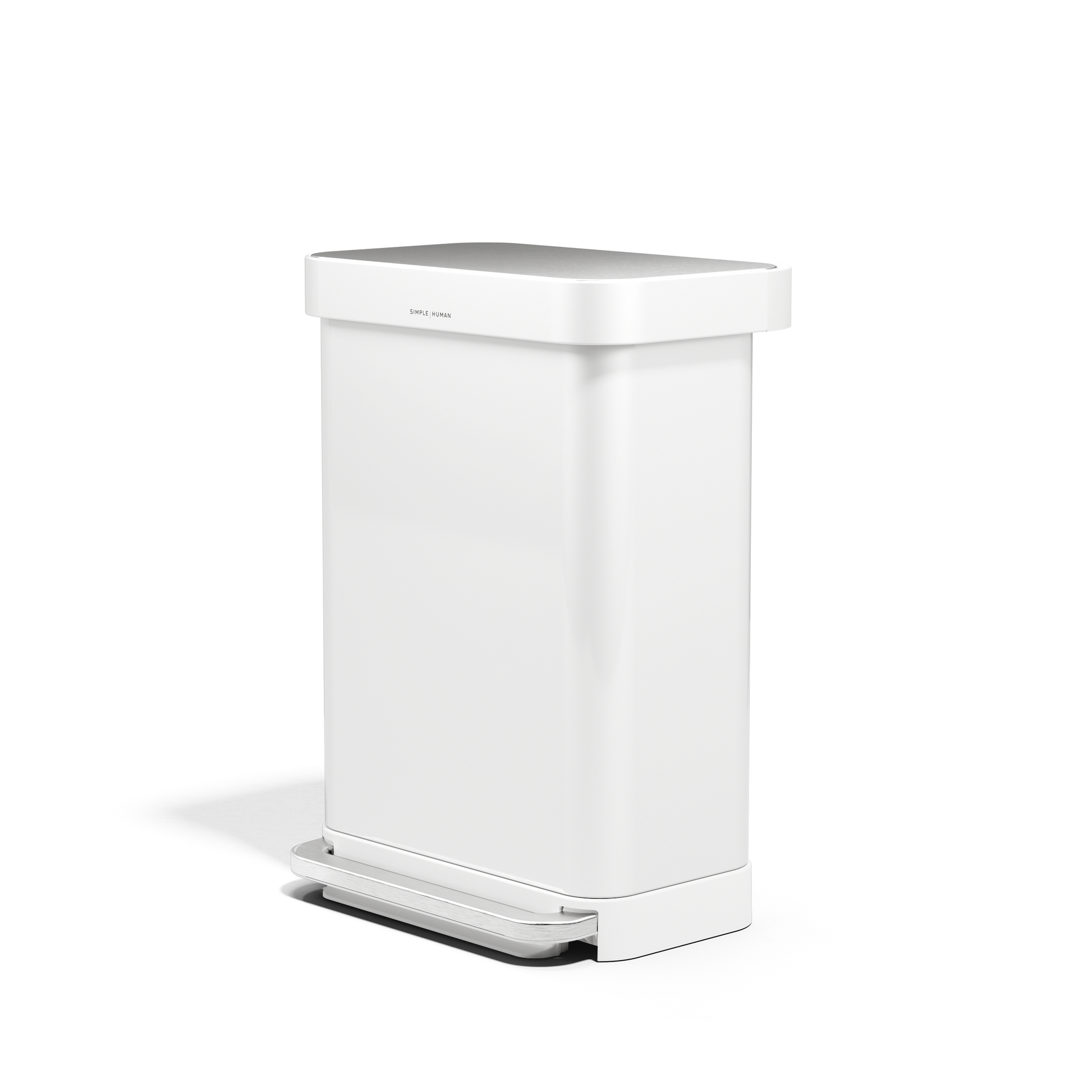 Angled view of Simplehuman 55L Rectangular Step Can in White with hands-free pedal and liner pocket.