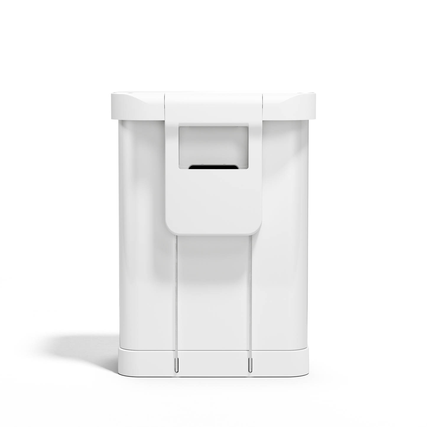 Simplehuman 55L Rectangular Step Can in White, back view showing the liner pocket dispenser for easy refills.