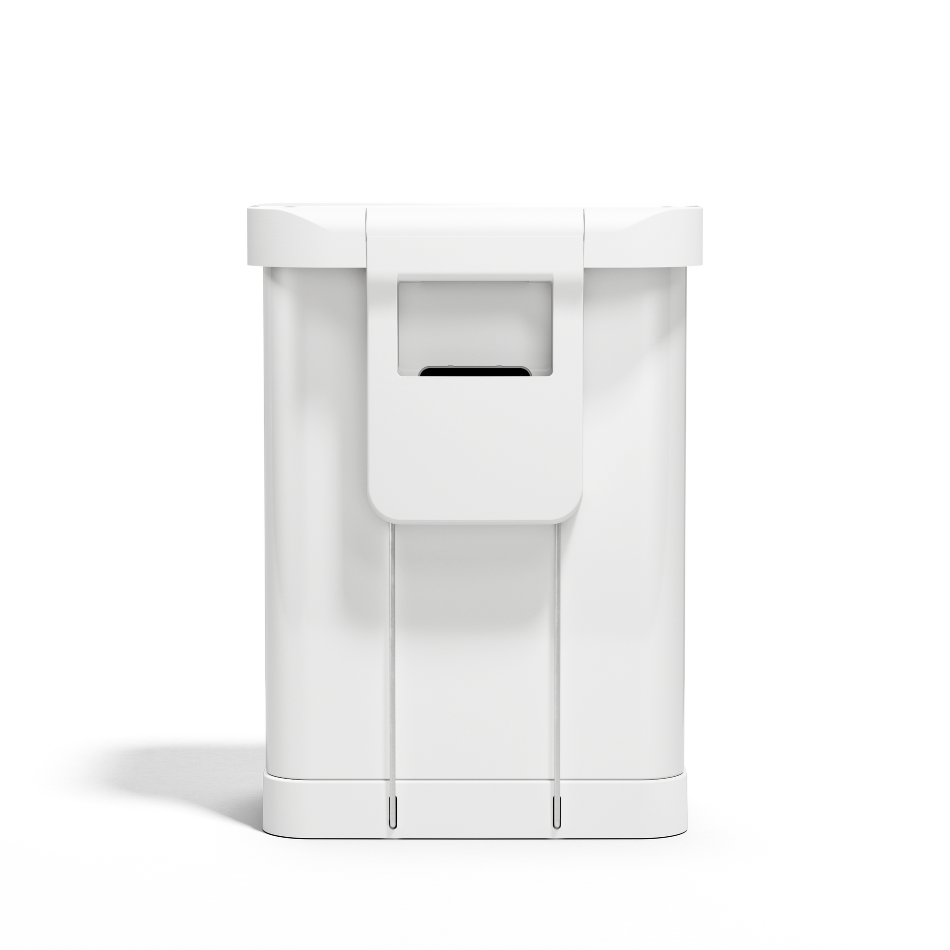 Simplehuman 55L Rectangular Step Can in White, back view showing the liner pocket dispenser for easy refills.