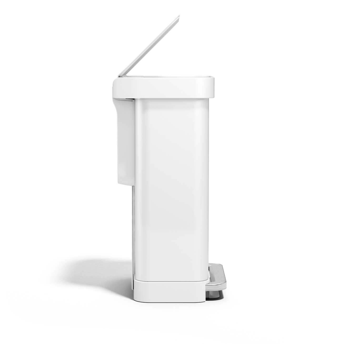 Strict side view of Simplehuman 45L White Step Can with lid open, hands-free step pedal.