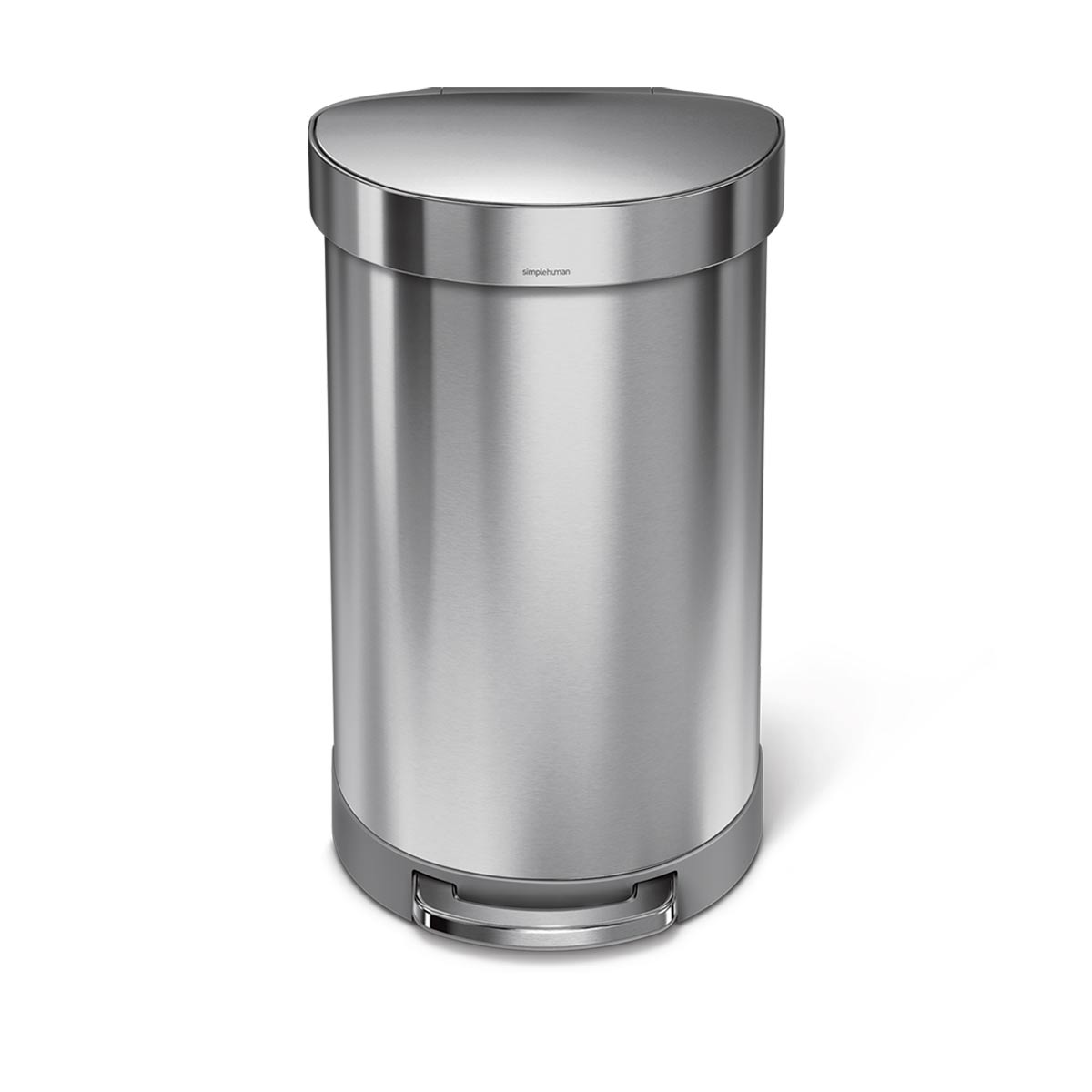 Angled view of Simplehuman 45L Semi-Round Step Can in Brushed Stainless Steel, hands-free foot pedal, liner rim.