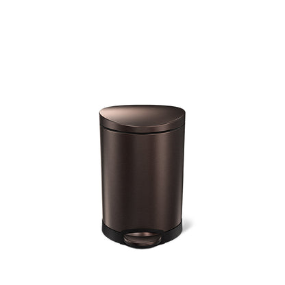 Front view of Simplehuman 6L Semi-Round Step Can in Dark Bronze, hands-free pedal.
