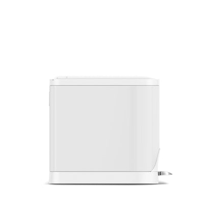 Side view of Simplehuman White 10L Butterfly Step Can, narrow profile, hands-free pedal.