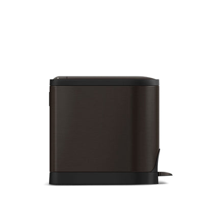 Side view of Simplehuman Dark Bronze 10L Butterfly Step Can, narrow profile, hands-free foot pedal.