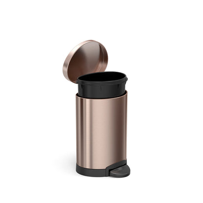 Simplehuman 6L Semi-Round Step Can in Rose Gold, open lid showing removable liner, hands-free pedal.