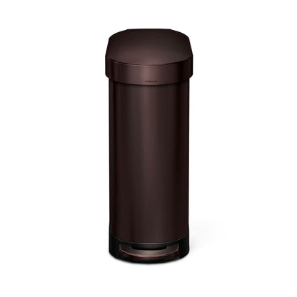 Simplehuman 45L Slim Step Can, Bronze finish. Front view showing slim profile and hands-free step pedal.