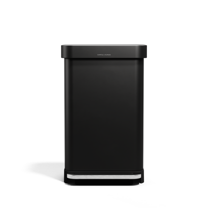 Front view of Simplehuman 45L Rectangular Step Can in Matte Black, hands-free pedal, liner pocket.