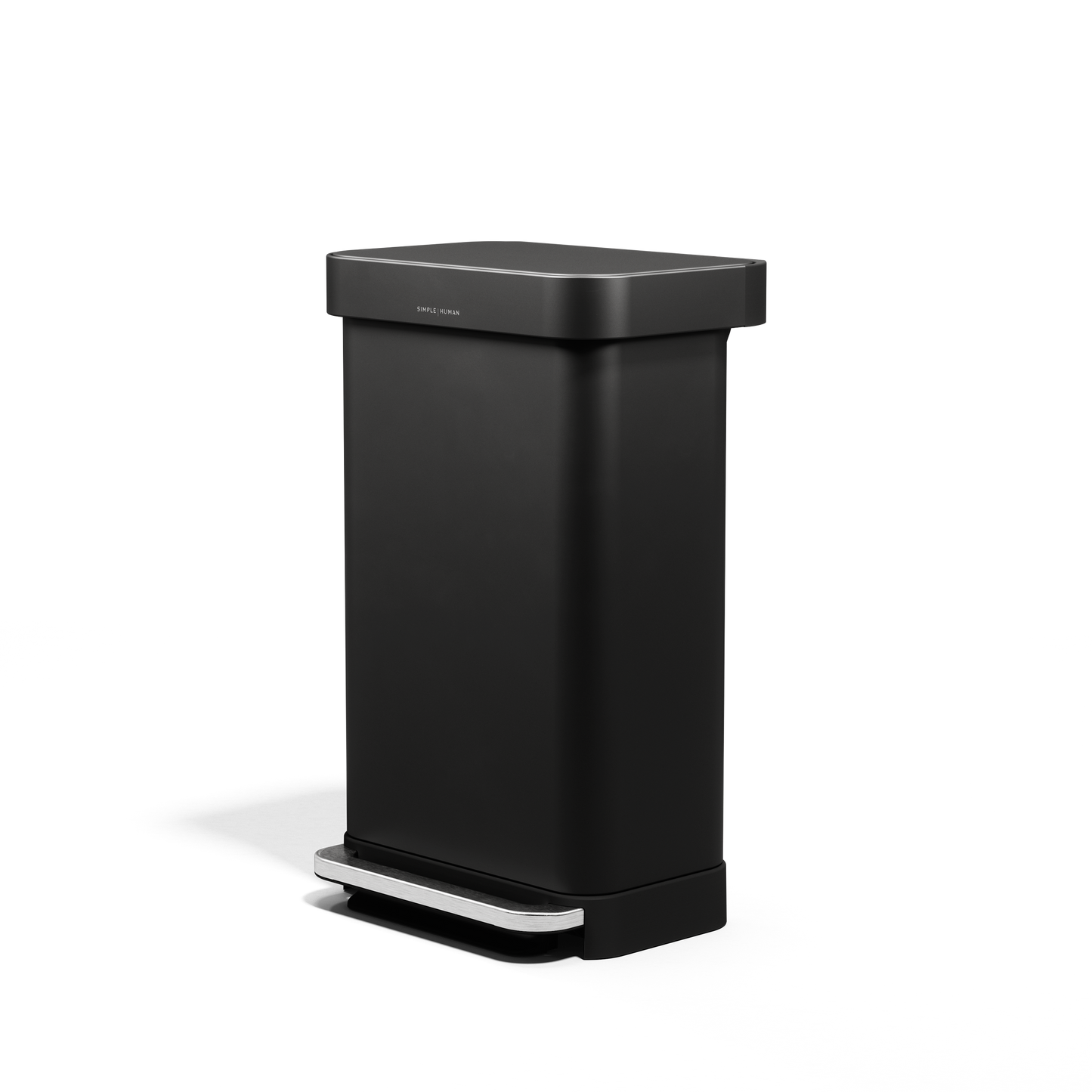 Angled view of Simplehuman 45L Matte Black Rectangular Step Can, hands-free pedal, liner pocket.