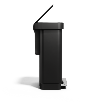 Side view of Simplehuman 45L Matte Black Step Can with lid open, hands-free step pedal.