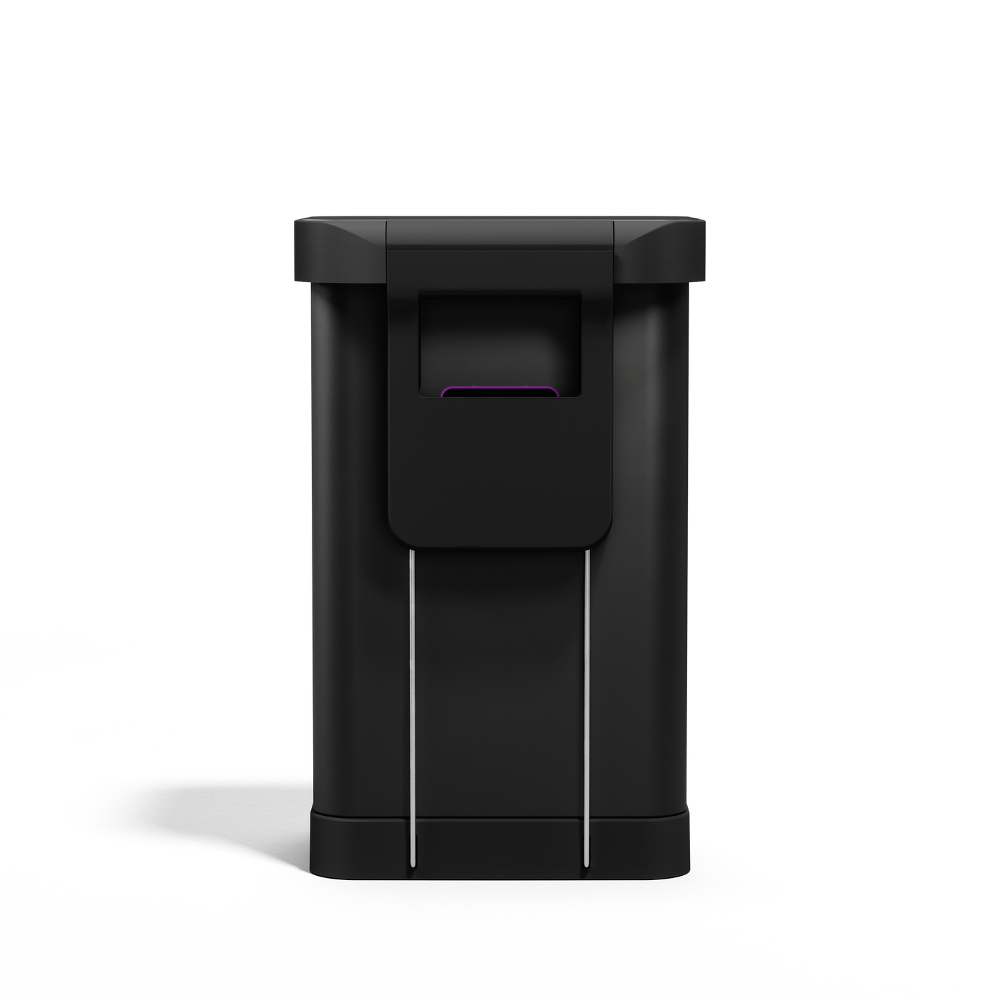 Close-up of Simplehuman 45L Matte Black Step Can liner pocket dispenser slot, easy-dispense design.