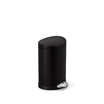 Simplehuman 6L Semi-Round Step Can, Matte Black finish, space-saving design with hands-free pedal.