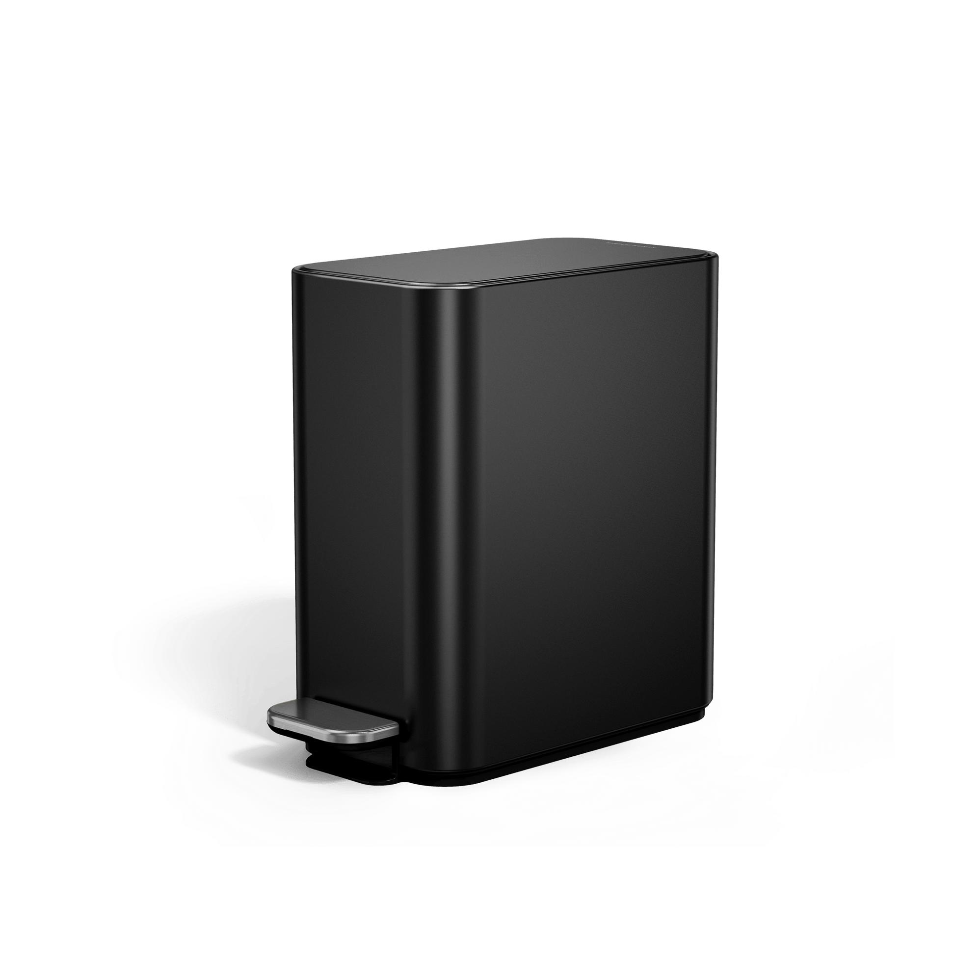 Angled view of Simplehuman 5L Slim Step Can in Matte Black, hands-free operation