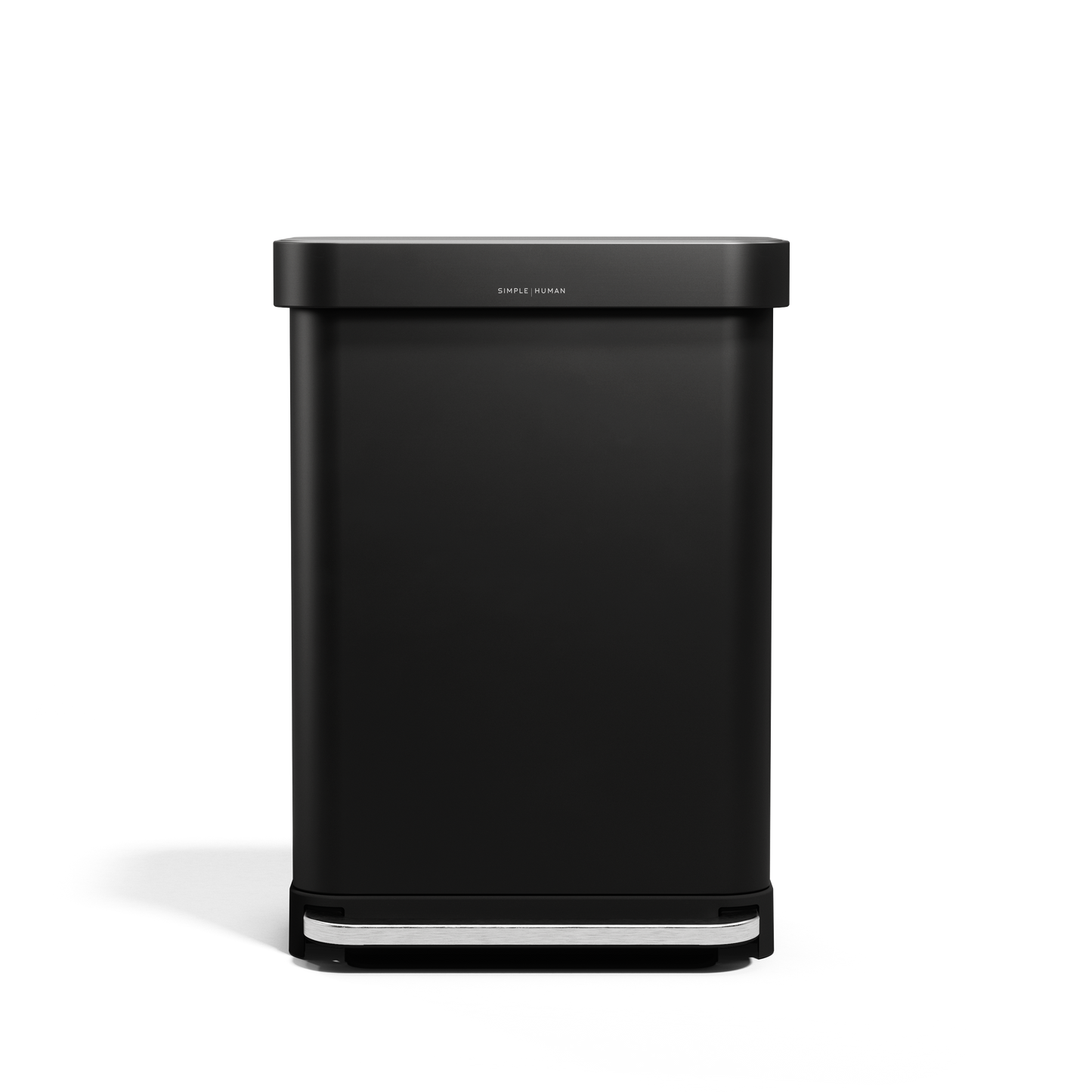 Simplehuman 55L Rectangular Step Can in Matte Black with hands-free foot pedal and liner pocket.