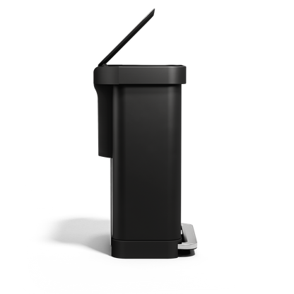 Side view of Simplehuman 55L Rectangular Step Can in Matte Black with open lid, showing hands-free foot pedal.