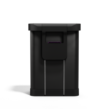 Simplehuman 55L Rectangular Step Can, Matte Black back view showing liner pocket dispenser.