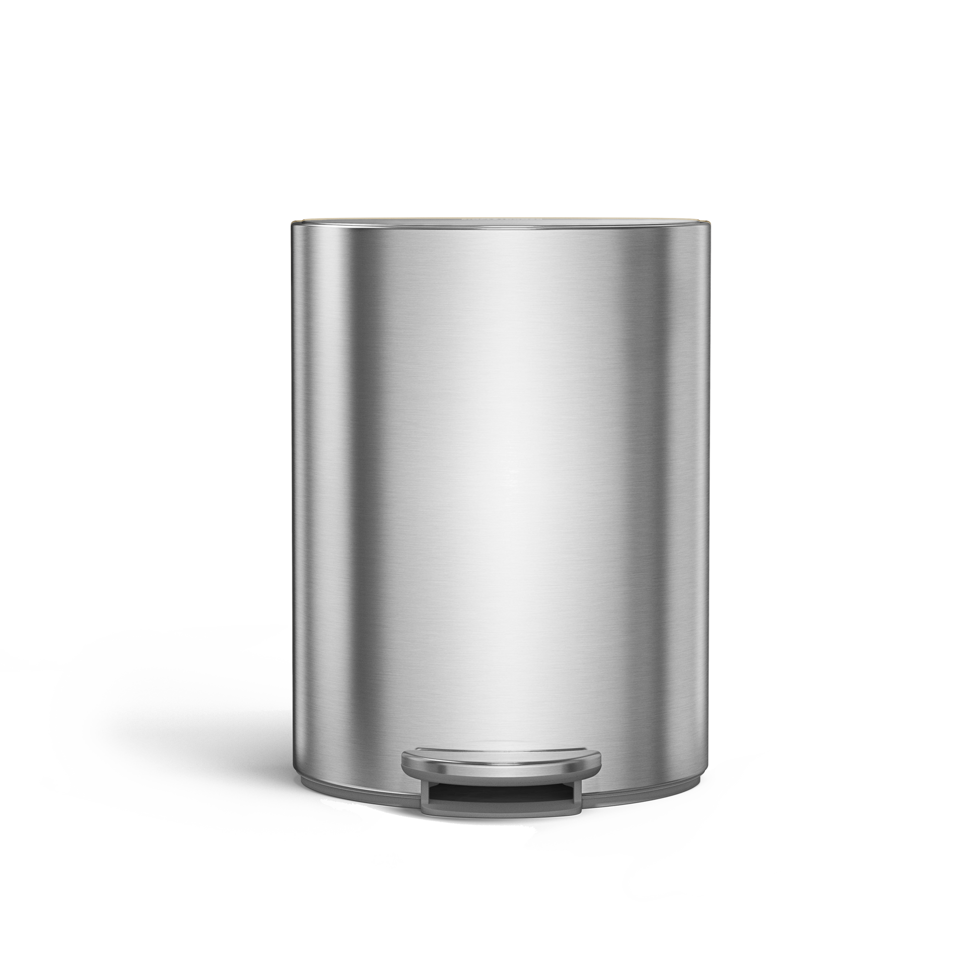Simplehuman 6L Semi-Round Step Can, Brushed Stainless Steel, front view, durable steel pedal for hands-free use.