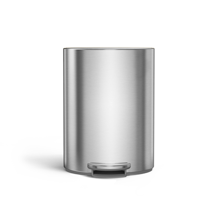 Simplehuman 6L Semi-Round Step Can, Brushed Stainless Steel, front view, durable steel pedal for hands-free use.