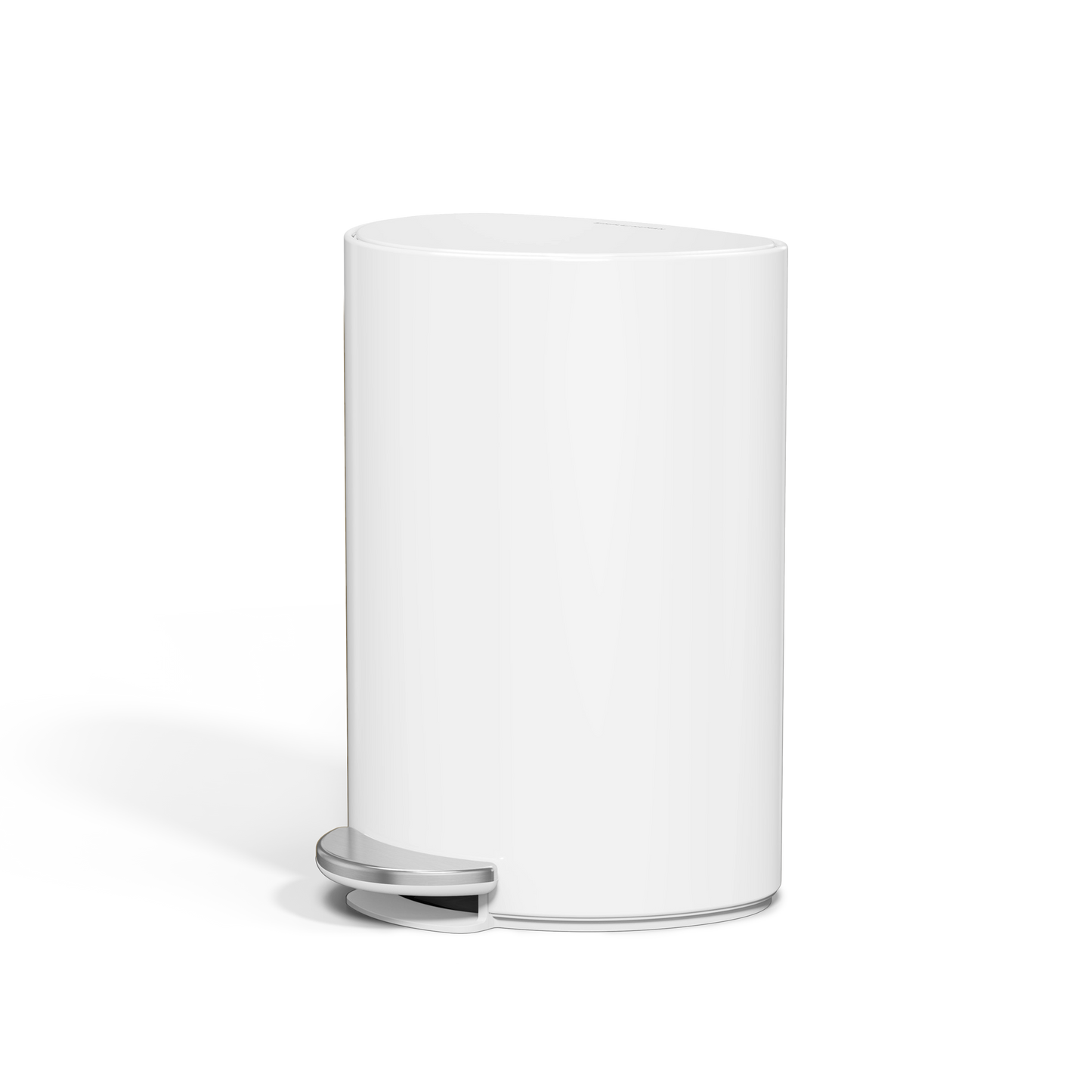 Simplehuman 6L Semi-Round Step Can, Detail view of White body showing durable steel pedal mechanism for hands-free operation.