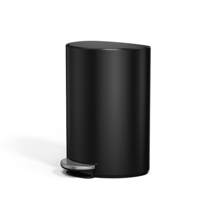 Simplehuman 6L Semi-Round Step Can in Matte Black, space-saving design with durable stainless steel pedal.