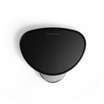 Simplehuman 6L Semi-Round Step Can, Overhead view of Matte Black lid and branding, hands-free.