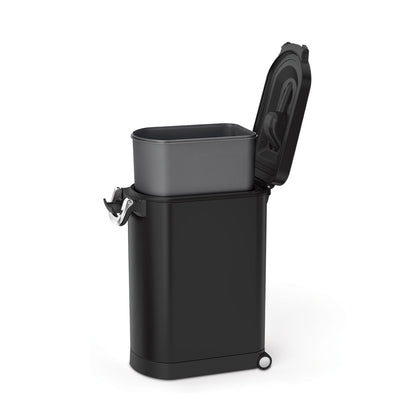 Angled view of Simplehuman Large Pet Food Can, Matte Black, open, showing removable liner and integrated scoop storage in the lid.