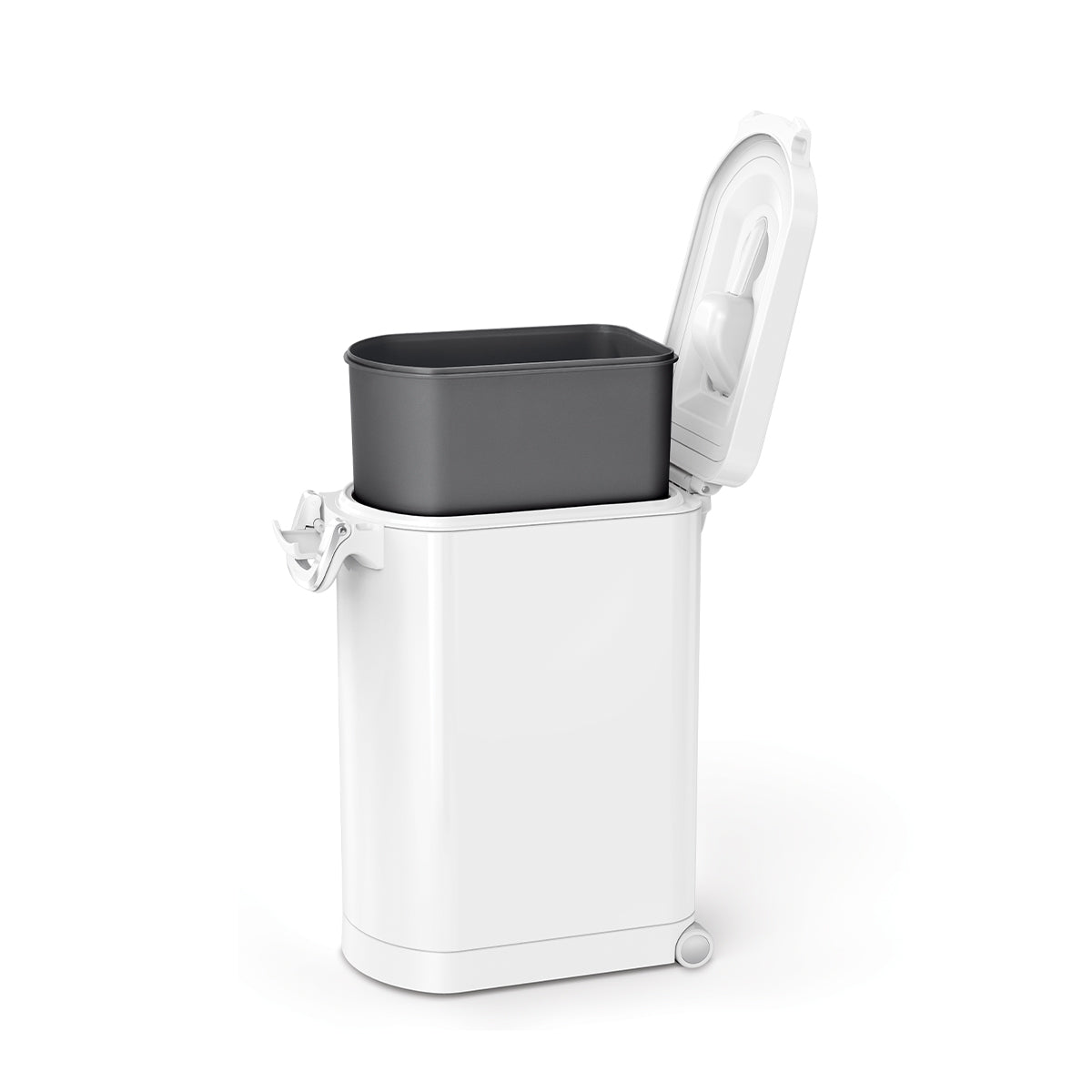Angled view of Simplehuman White Large Pet Food Can open, showing removable liner and scoop storage in the lid.