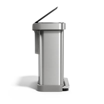 Side view of Simplehuman 58L Step Recycler, Brushed Stainless Steel, dual compartments, hands-free foot pedal operation.