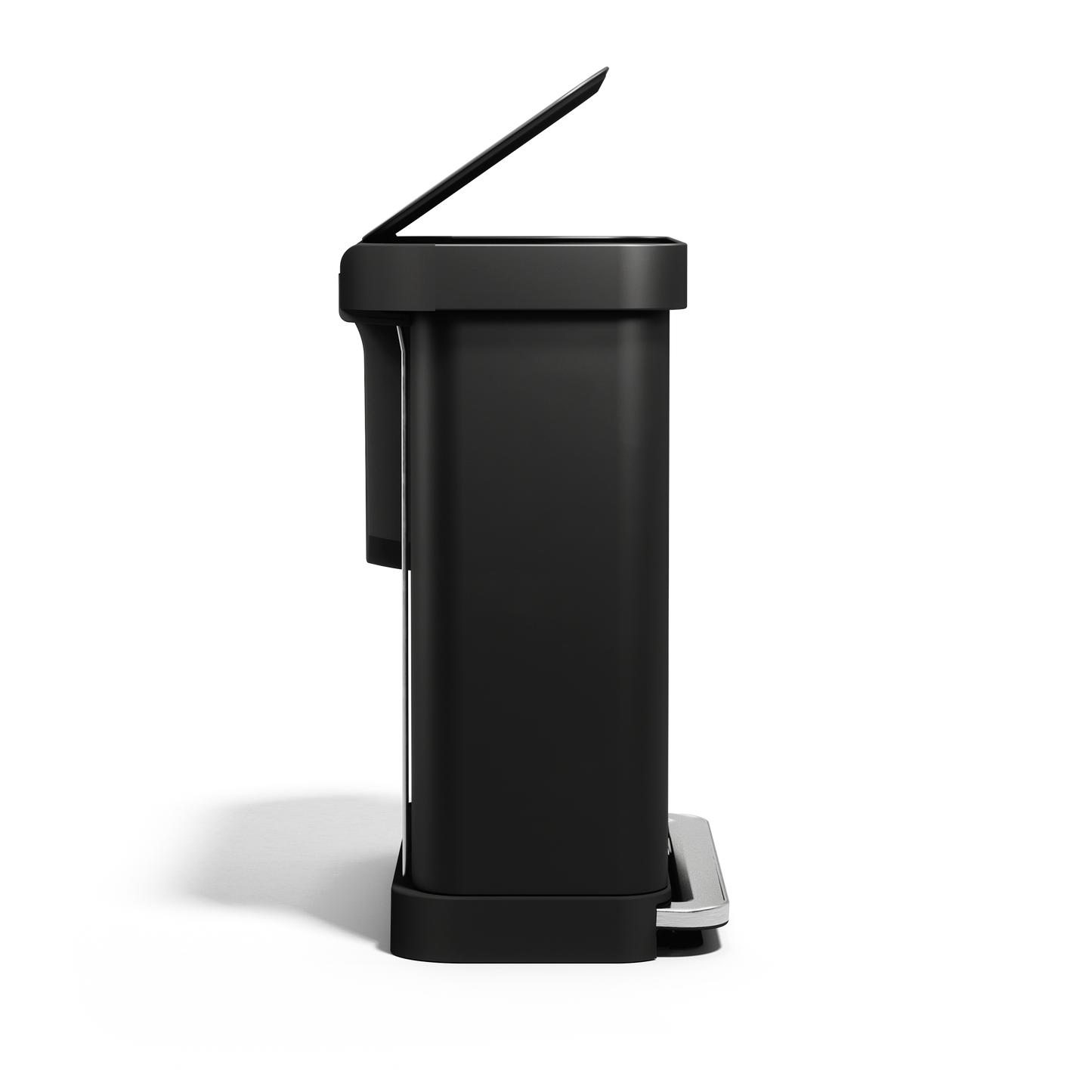 Side view of Simplehuman 58L Step Recycler in Matte Black, dual compartment system with lid lifted, hands-free step pedal.
