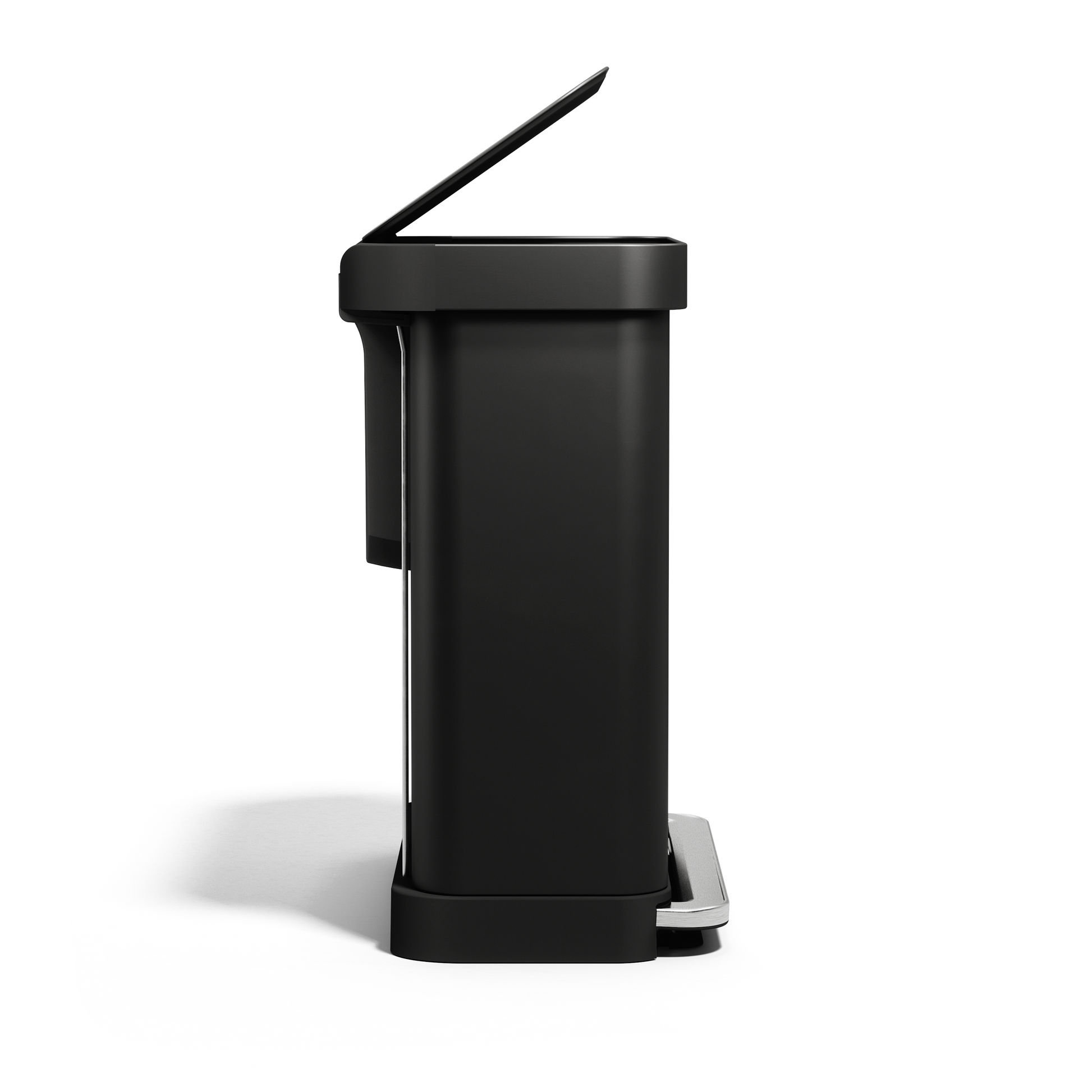 Side view of Simplehuman 58L Step Recycler in Matte Black, dual compartment system with lid lifted, hands-free step pedal.
