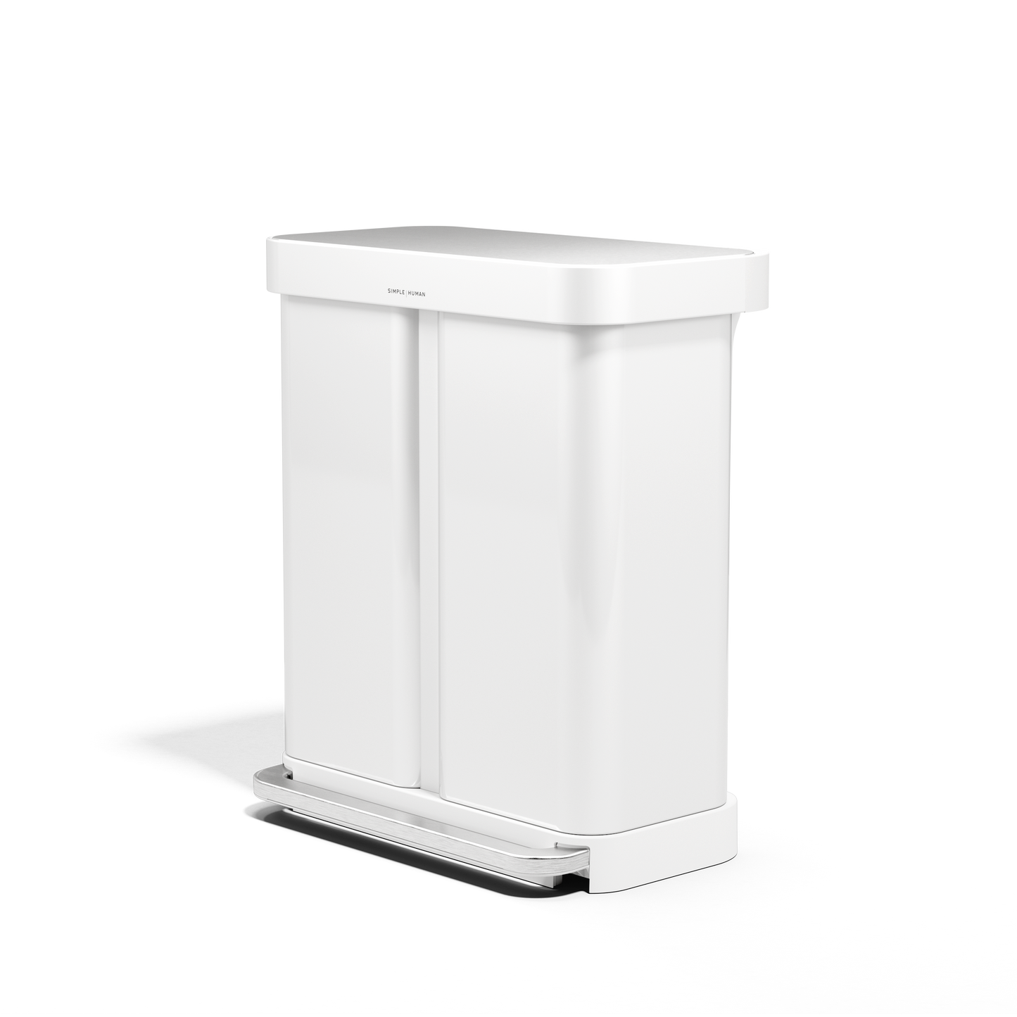 Angled view of Simplehuman 58L Step Recycler in White, dual compartments, with brushed metal foot pedal.