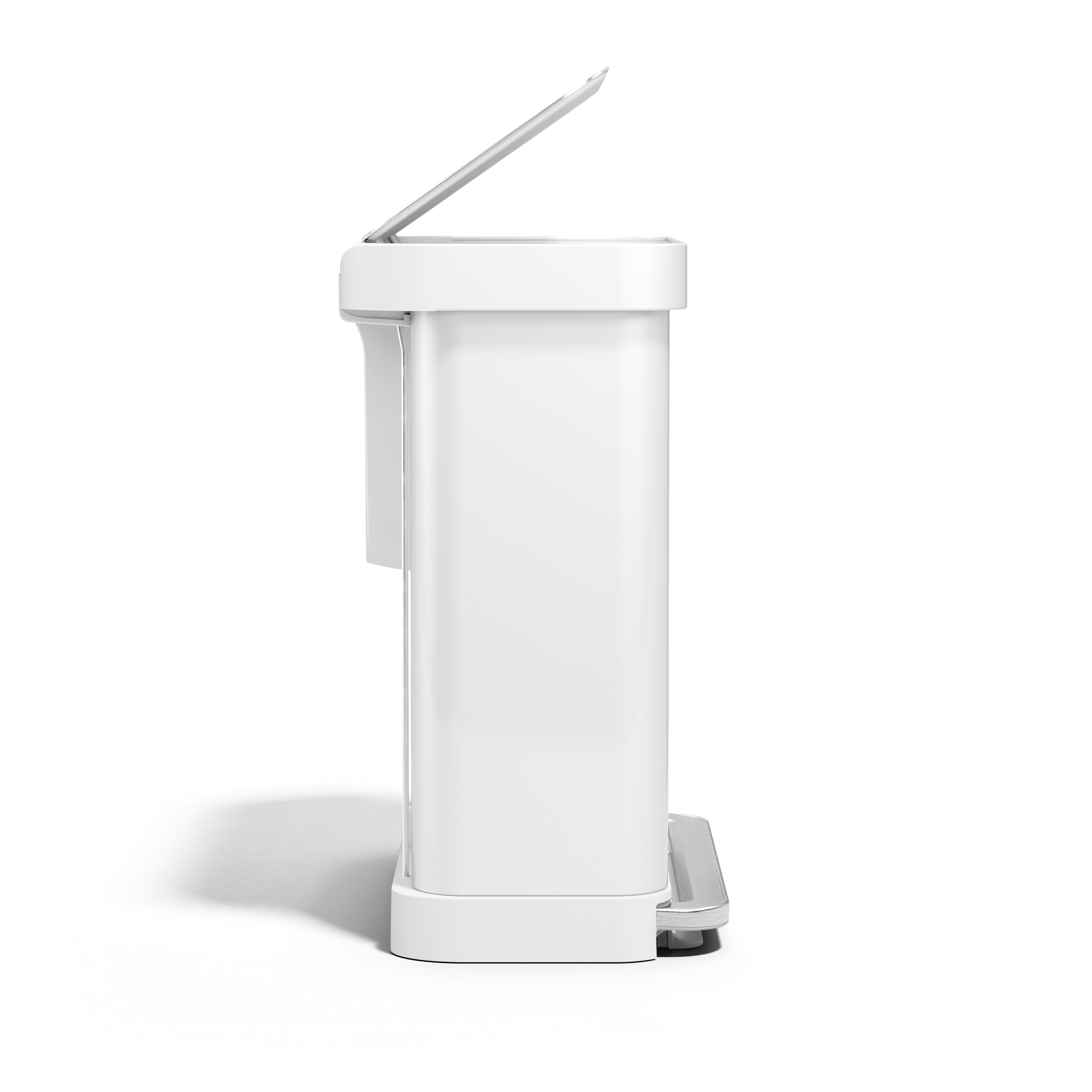 Simplehuman 58L Step Recycler, White side profile with lid open, hands-free step pedal.