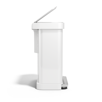 Simplehuman 58L Step Recycler, White side profile with lid open, hands-free step pedal.