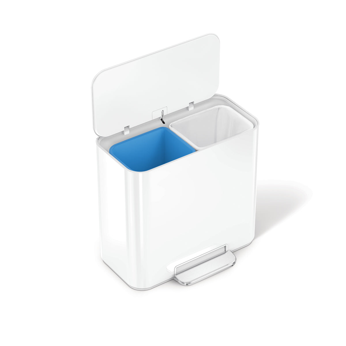 Isolated view of Simplehuman White 15L Mini Recycler Step Can, lid open, showing dual removable liners and hands-free pedal.