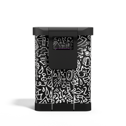 Front view of Simplehuman 55L Rectangular Step Can, black doodle graphic print, with integrated liner pocket.