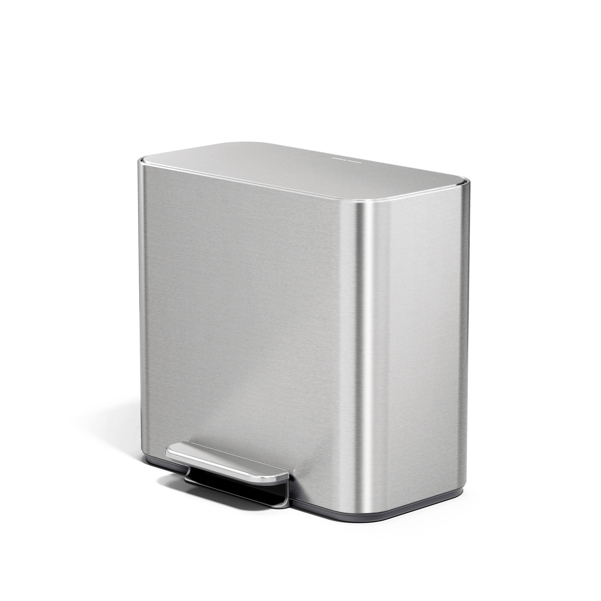 Simplehuman 16L Brushed Stainless Steel Mini Step Can with pedal, angled view.