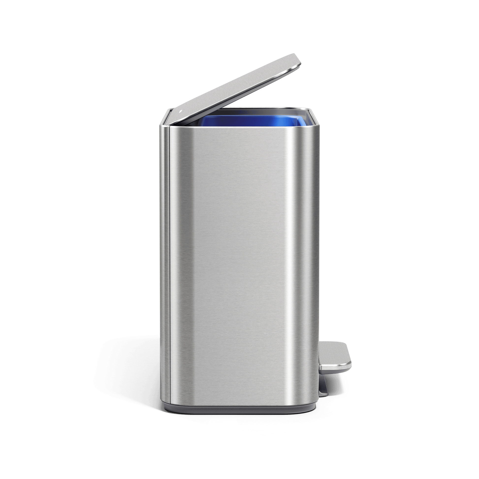 Simplehuman 16L Brushed Stainless Steel Mini Step Can with pedal, side angle.