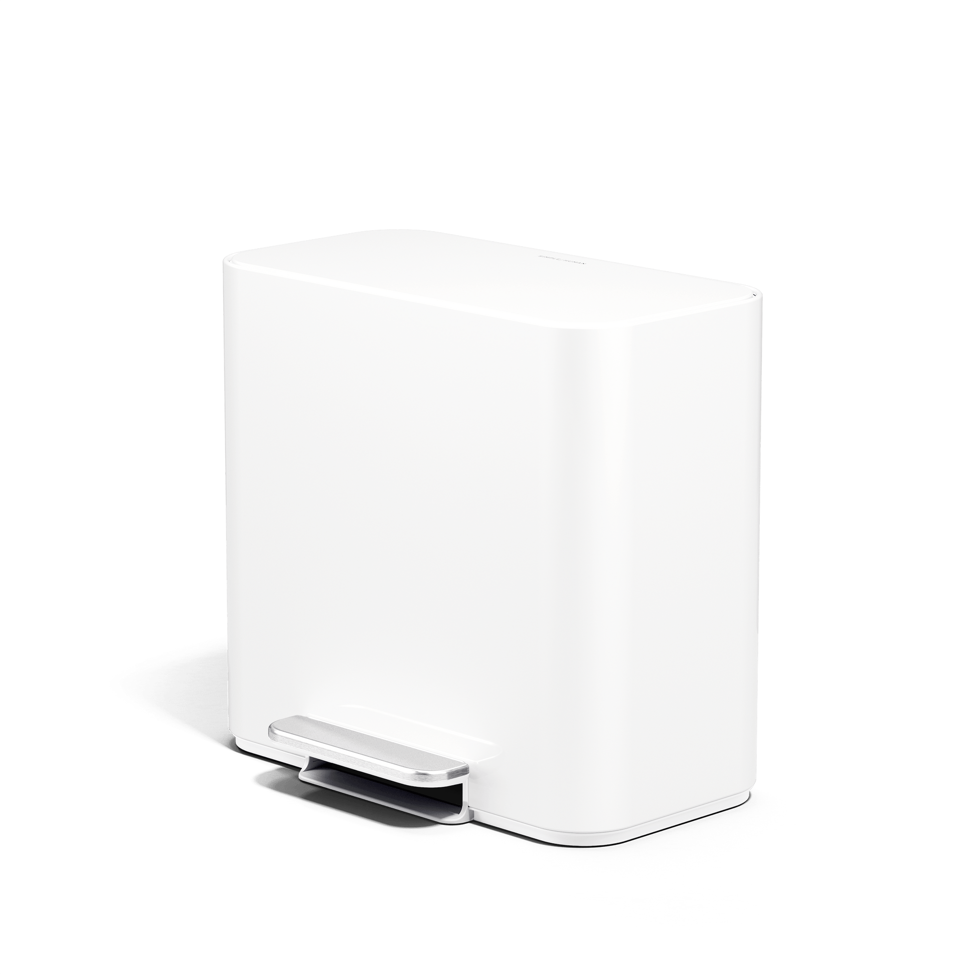 Simplehuman 16L White Mini Step Can with pedal, side angle.