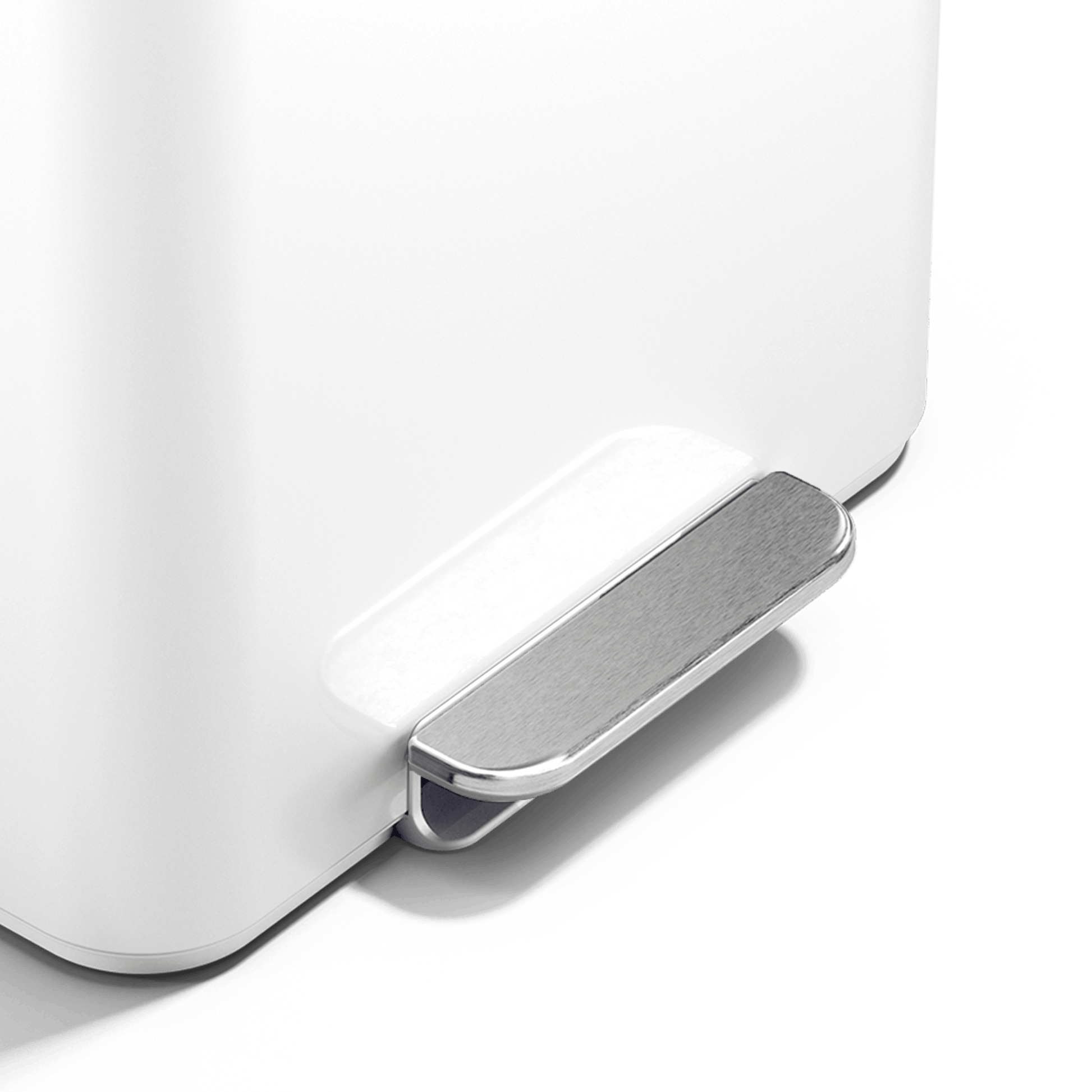 Simplehuman 16L White Mini Step Can with pedal, close up of pedal.
