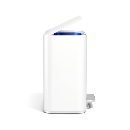 Simplehuman 16L White Mini Step Can with pedal, side angle.