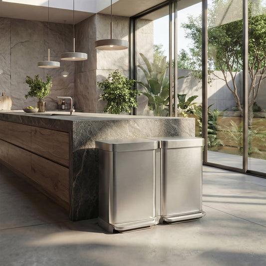 Simplehuman's 90L Step Can in brushed in a modern and futuristic kitchen setting filled with greenery, natural lighting, and sleek marble countertop with wooden drawers.