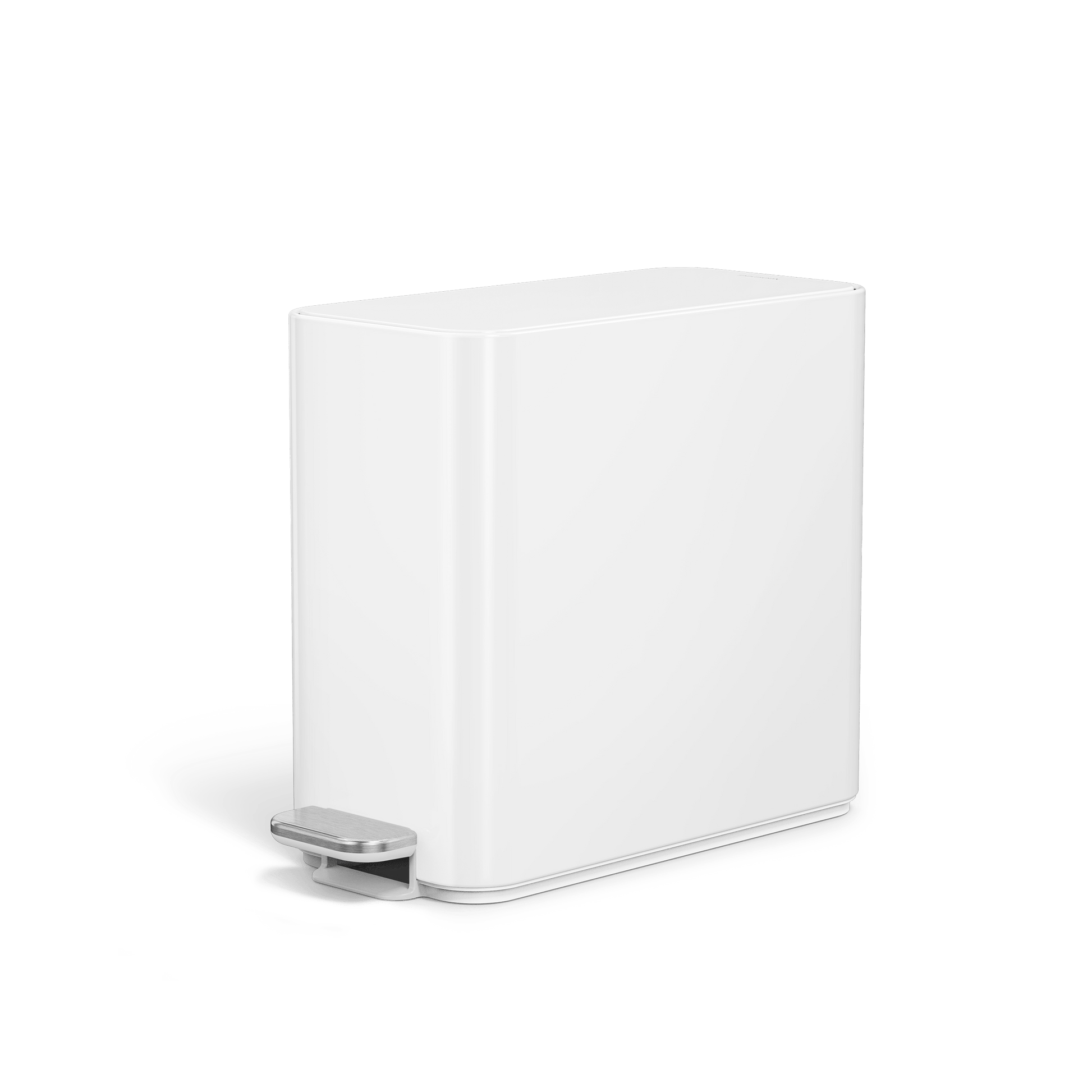 Simplehuman's 9L Slim Step Can in White, angled view.