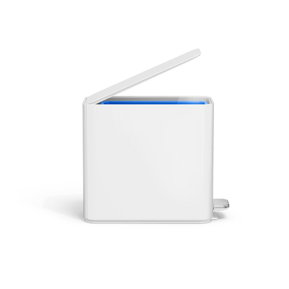 Simplehuman's 9L Slim Step Can in White side view with the lid open.
