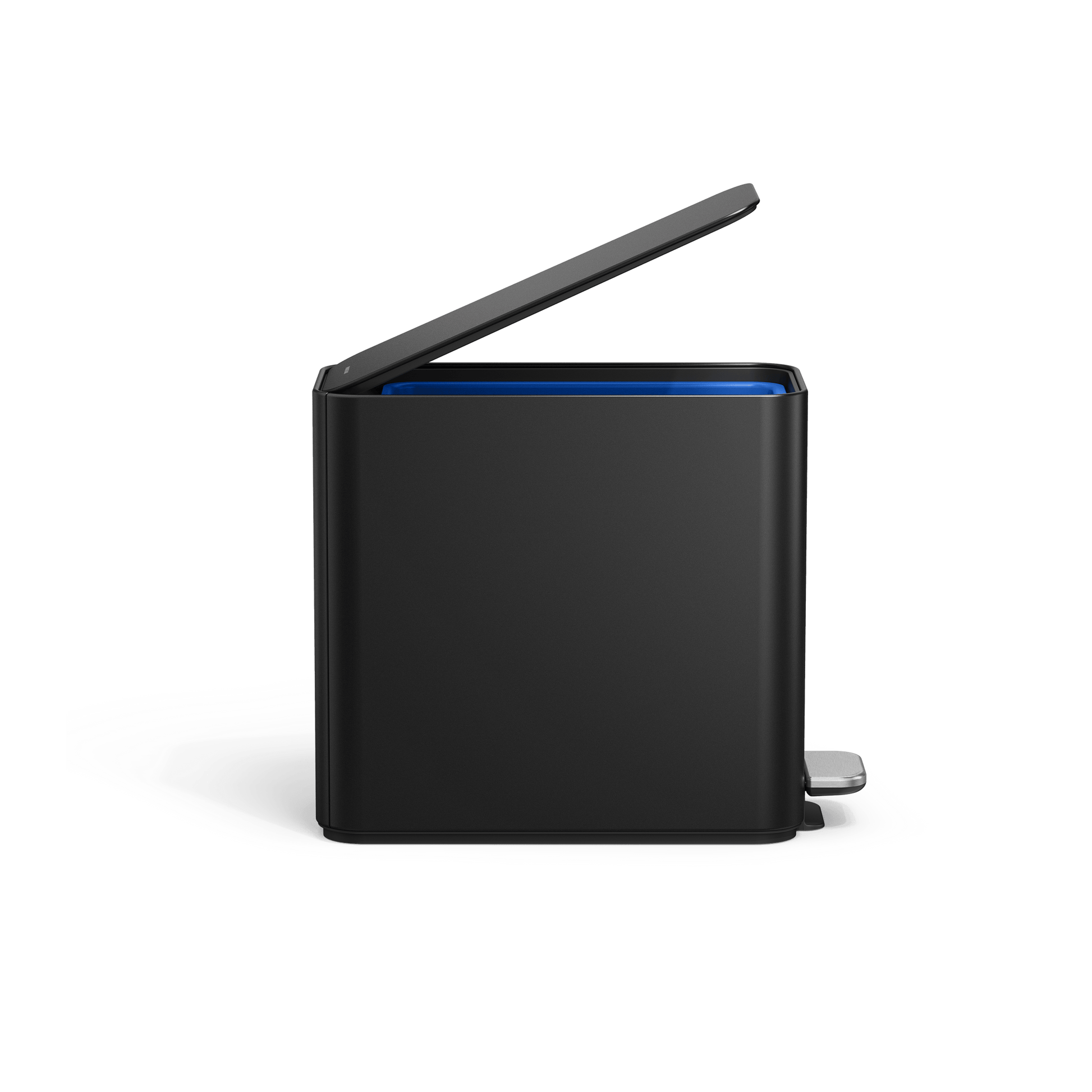 Simplehuman's 9L Slim Step Can in Matte Black side view with the lid open.