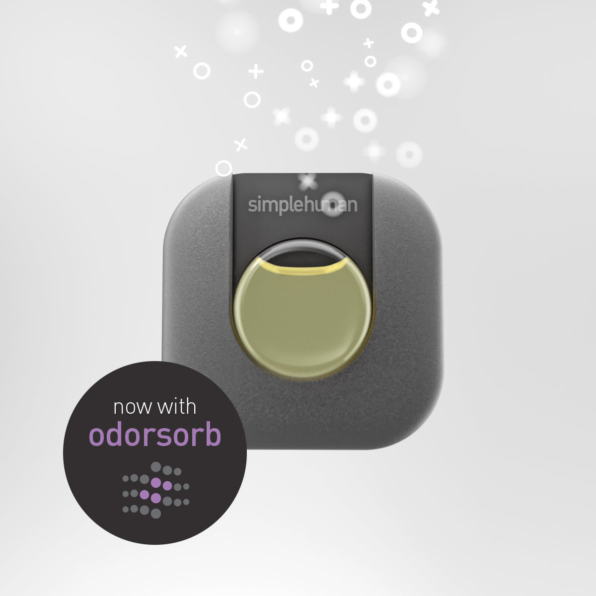 Close-up of Simplehuman odor control pod featuring odorsorb technology, keeps trash fresh.