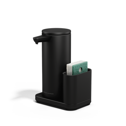 Angled view: Simplehuman Matte Black 14 oz Sensor Pump with caddy holding a sponge, space-saving design.