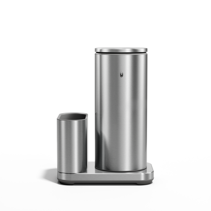 Simplehuman Brushed Stainless Steel 14 oz Sensor Pump with integrated tool caddy on drip-free base.