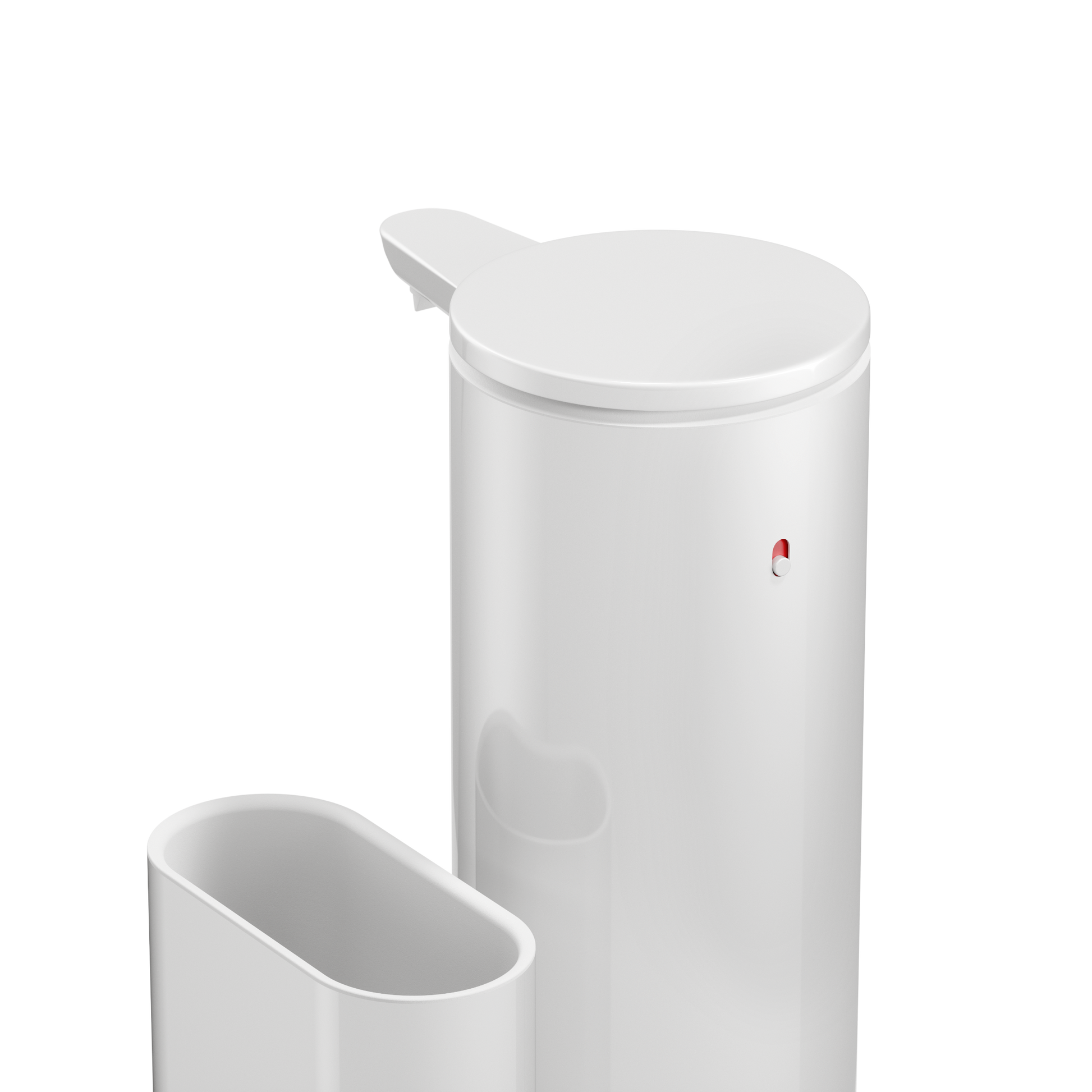 Detail view of Simplehuman White 14 oz Sensor Pump + Caddy, highlighting the touch-free sensor and indicator light.