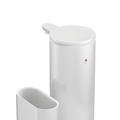Detail view of Simplehuman White 14 oz Sensor Pump + Caddy, highlighting the touch-free sensor and indicator light.