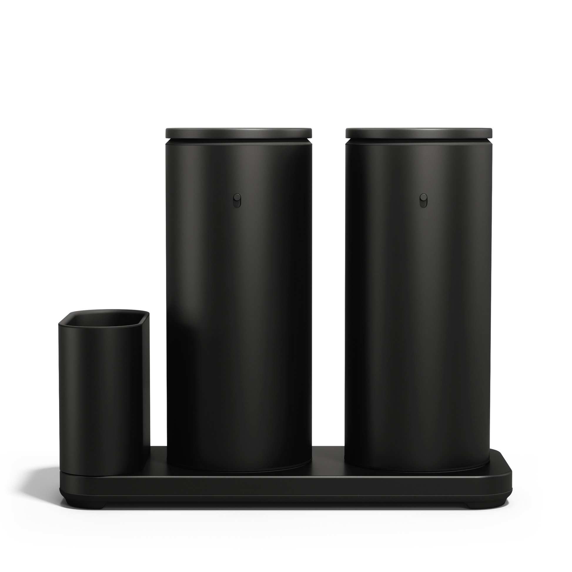 Front view: Simplehuman Matte Black Dual Sensor Pump 14 oz. with Caddy, rechargeable and twin touch-free dispensers.