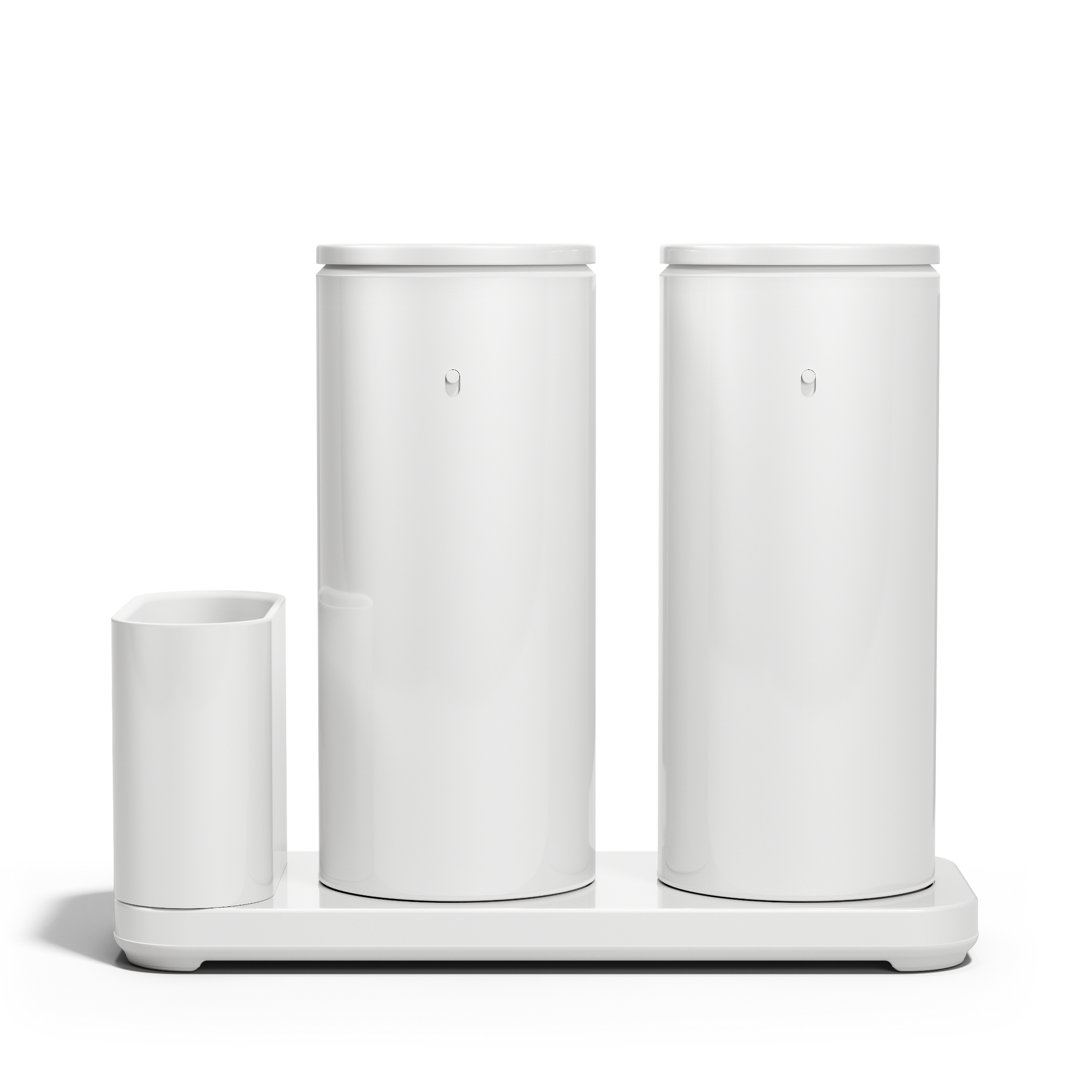 Front view: Simplehuman White Dual Sensor Pump 14 oz. with Caddy, twin rechargeable hands-free dispensers.